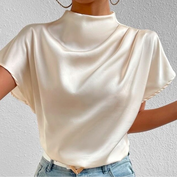 Mock Neck Batwing Sleeve Satin Blouse - Picture 3 of 3